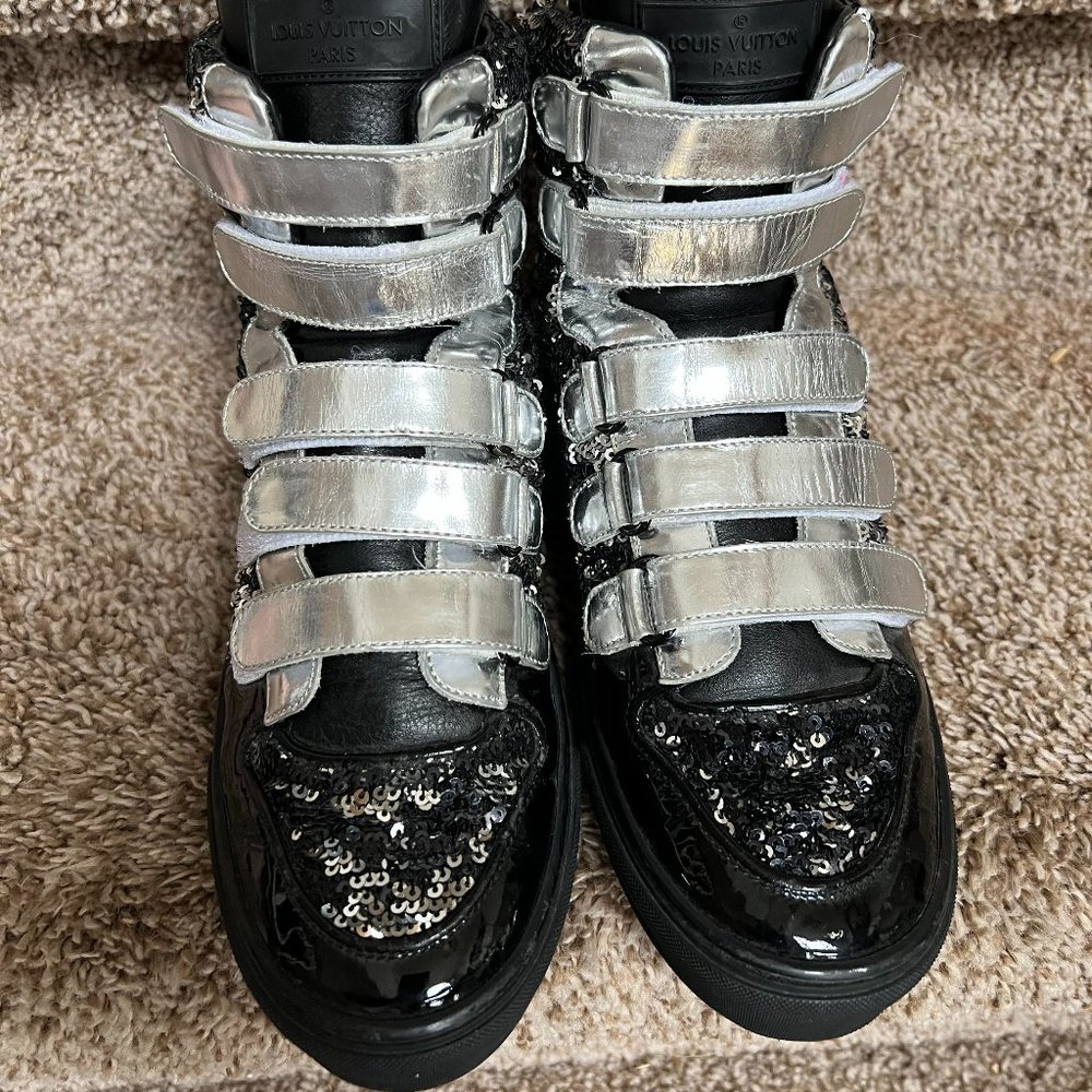Louis Vuitton Women's Silver & Black Sequin Leather Straps High-Top Sneakers. - Picture 4 of 10